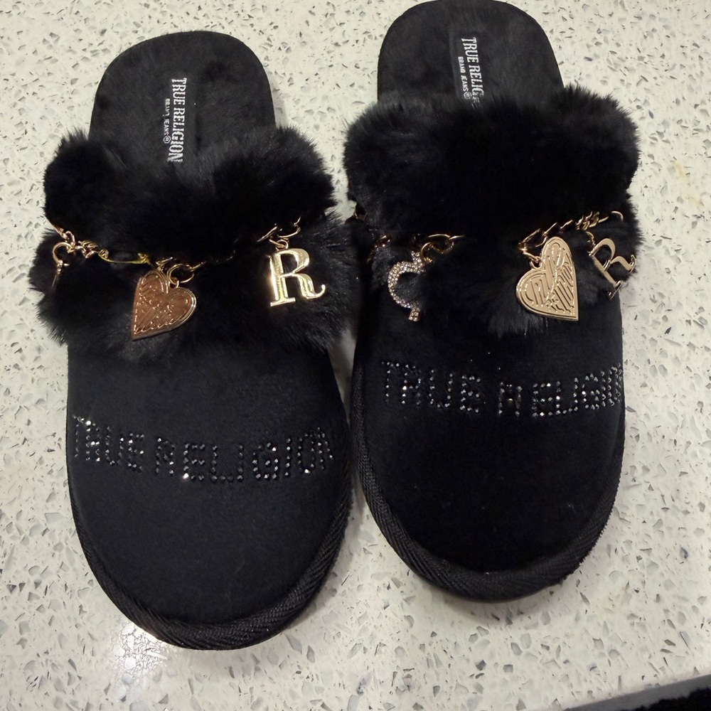 True Religion Women's Black Slippers with Gold Charms